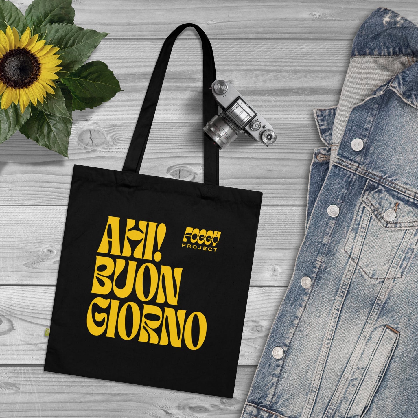 Foggy Project's "Ahi! Buongiorno" Organic Cotton Tote Bag Black